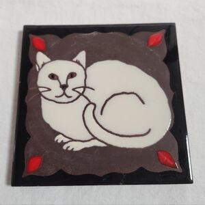 Besheer White Cat Kitten Art Tile Trivet